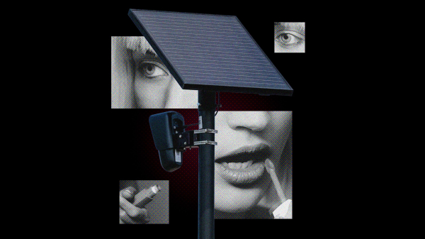 collage of a flock alpr camera and woman applying makeup